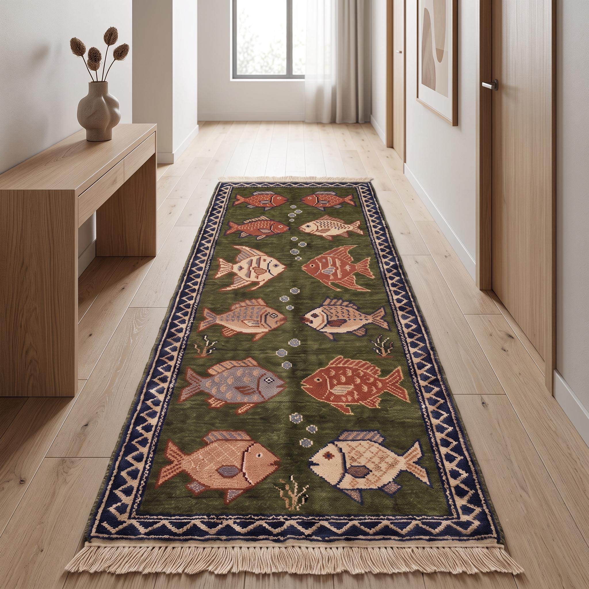 Hand Knotted Fish Rug | Coastal Wool Living Room Runner Custom Size Handmade Area Carpet Decor
