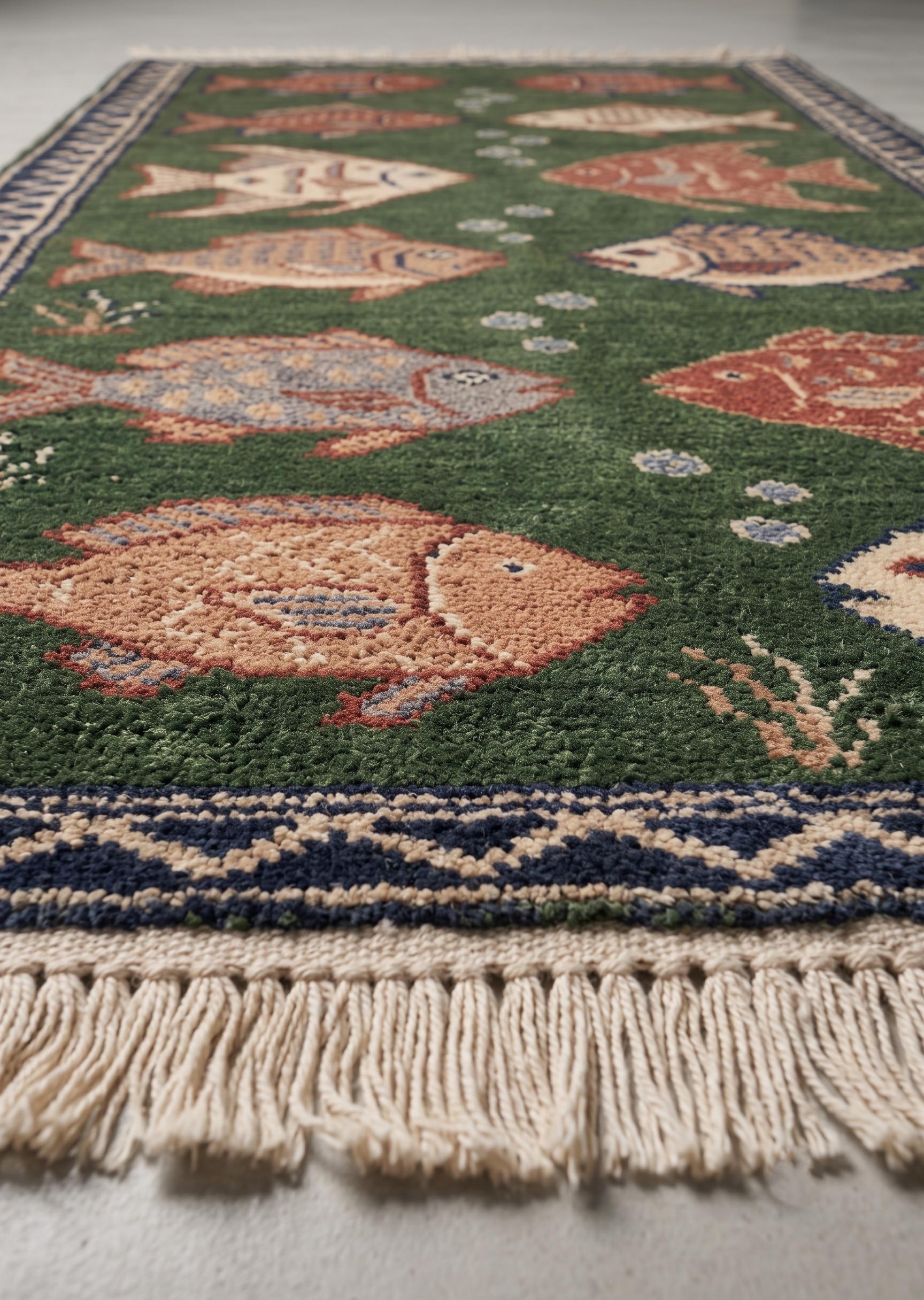 Hand Knotted Fish Rug | Coastal Wool Living Room Runner Custom Size Handmade Area Carpet Decor