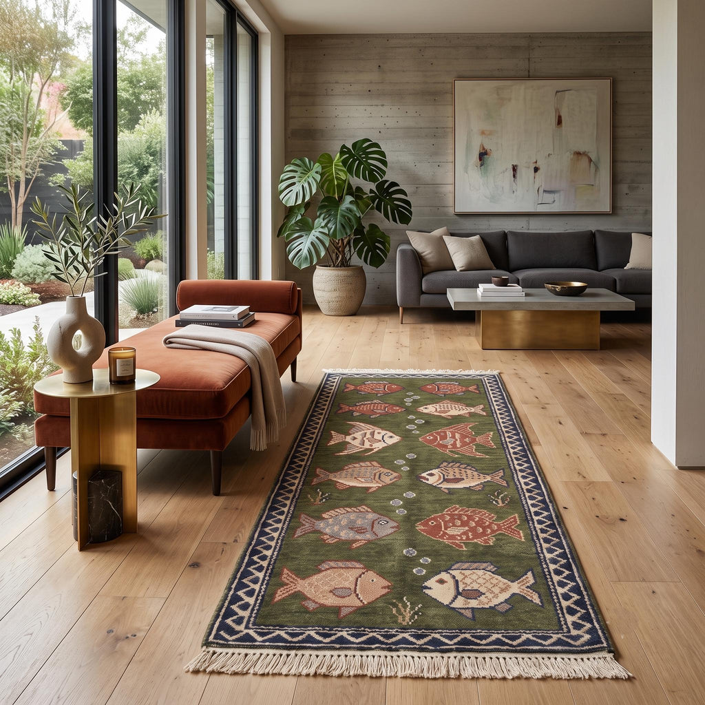 Hand Knotted Fish Rug | Coastal Wool Living Room Runner Custom Size Handmade Area Carpet Decor