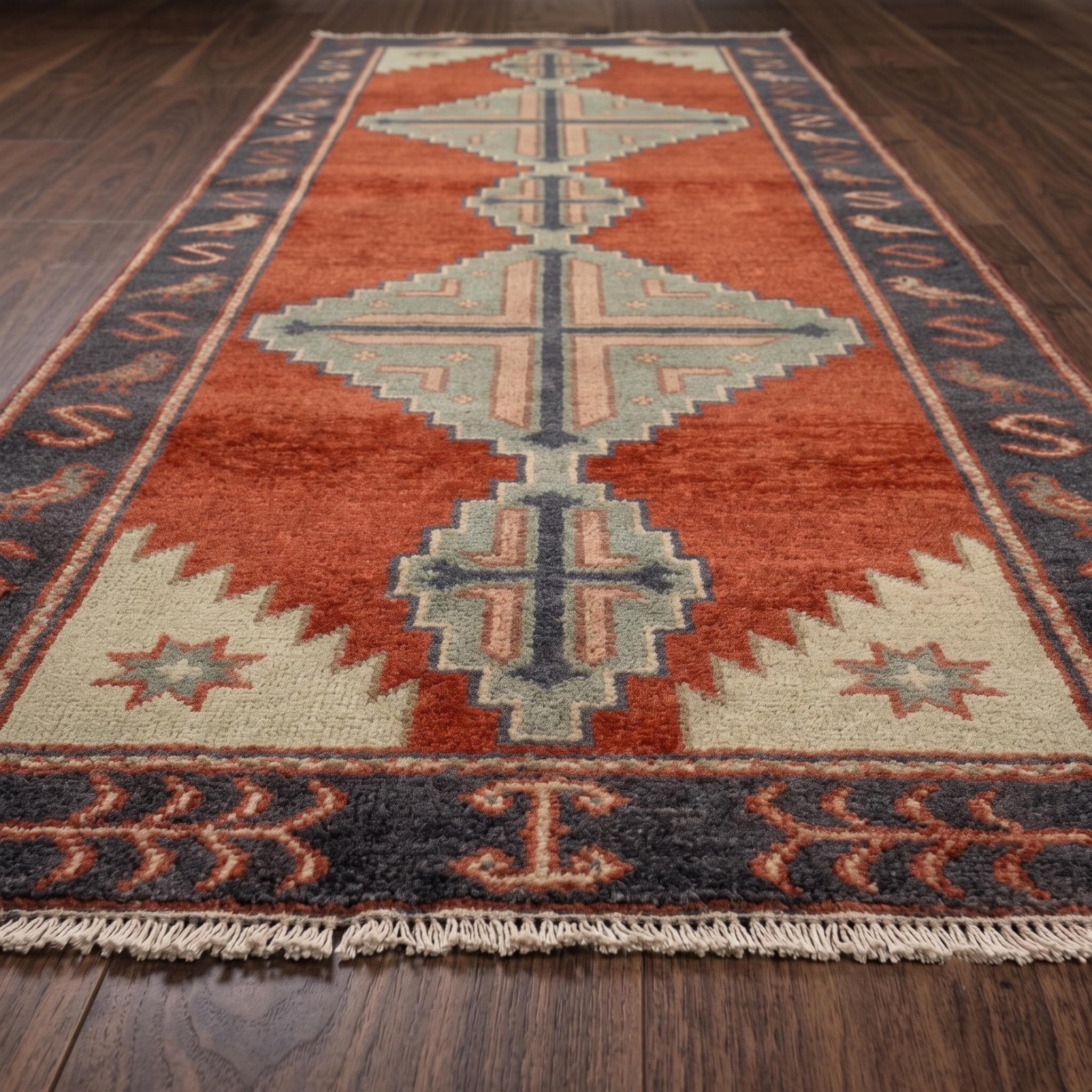 Hand Knotted Runner Rug | Tribal Wool Hallway Entryway Runner Custom Size Southwestern Area Rug