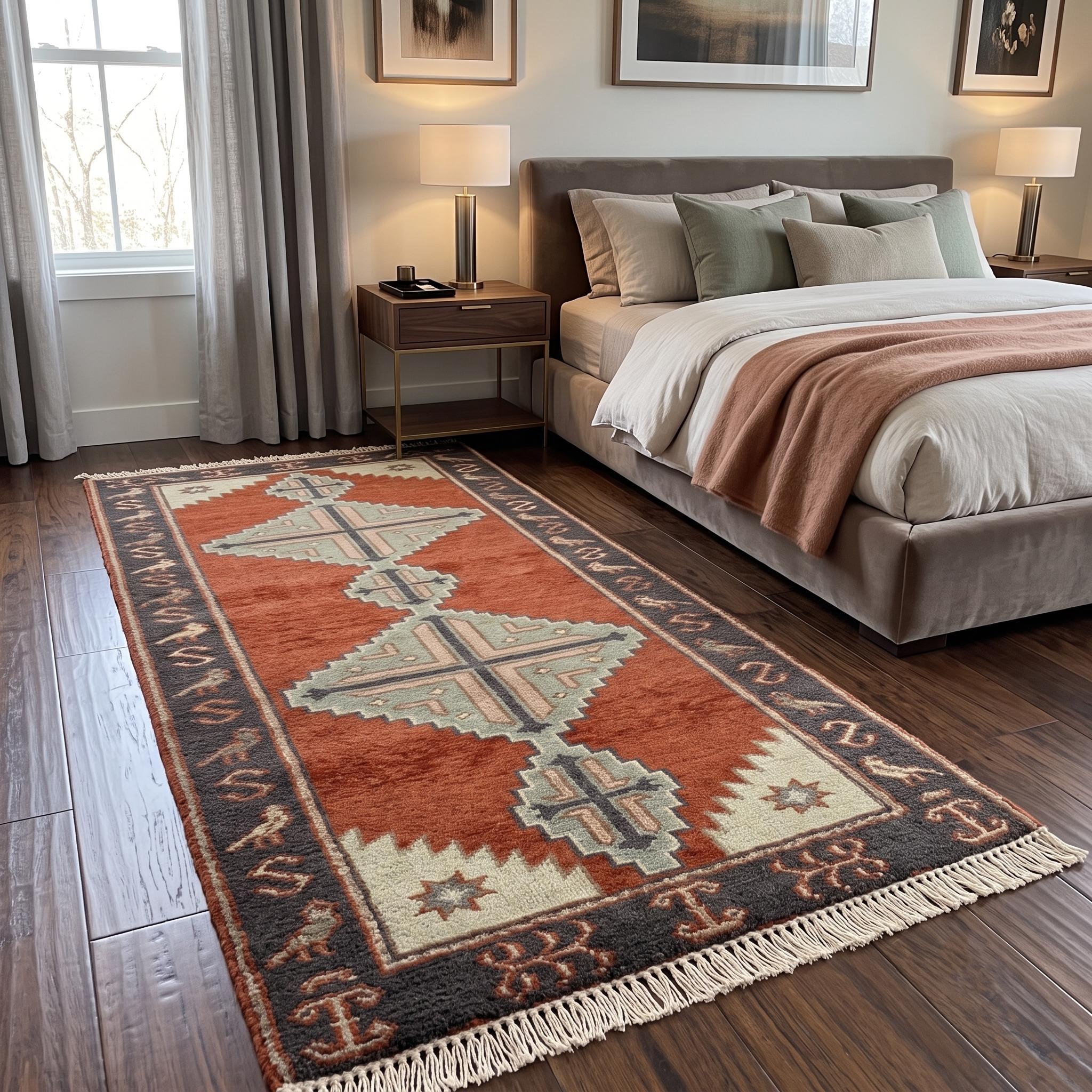 Hand Knotted Runner Rug | Tribal Wool Hallway Entryway Runner Custom Size Southwestern Area Rug