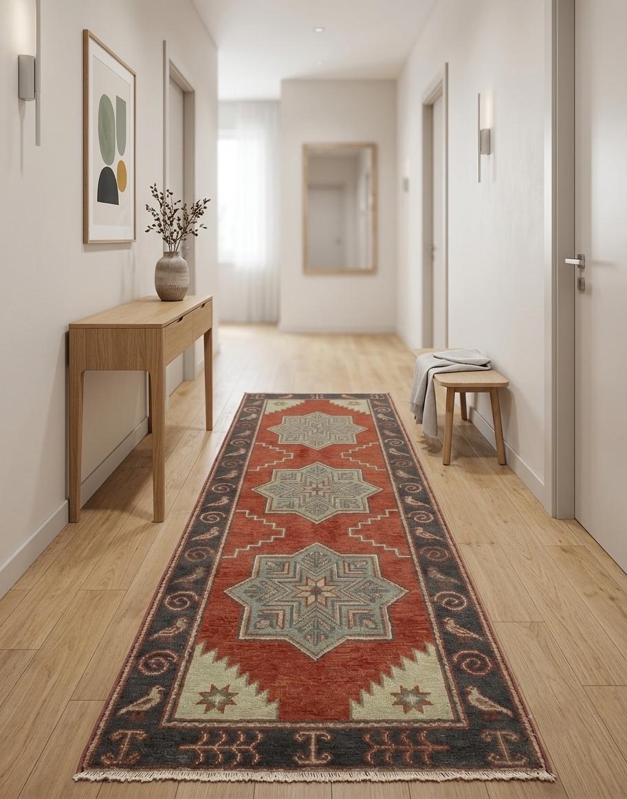 Hand Knotted Runner Rug | Tribal Wool Hallway Entryway 4x20 Custom Handmade Southwestern Carpet Decor
