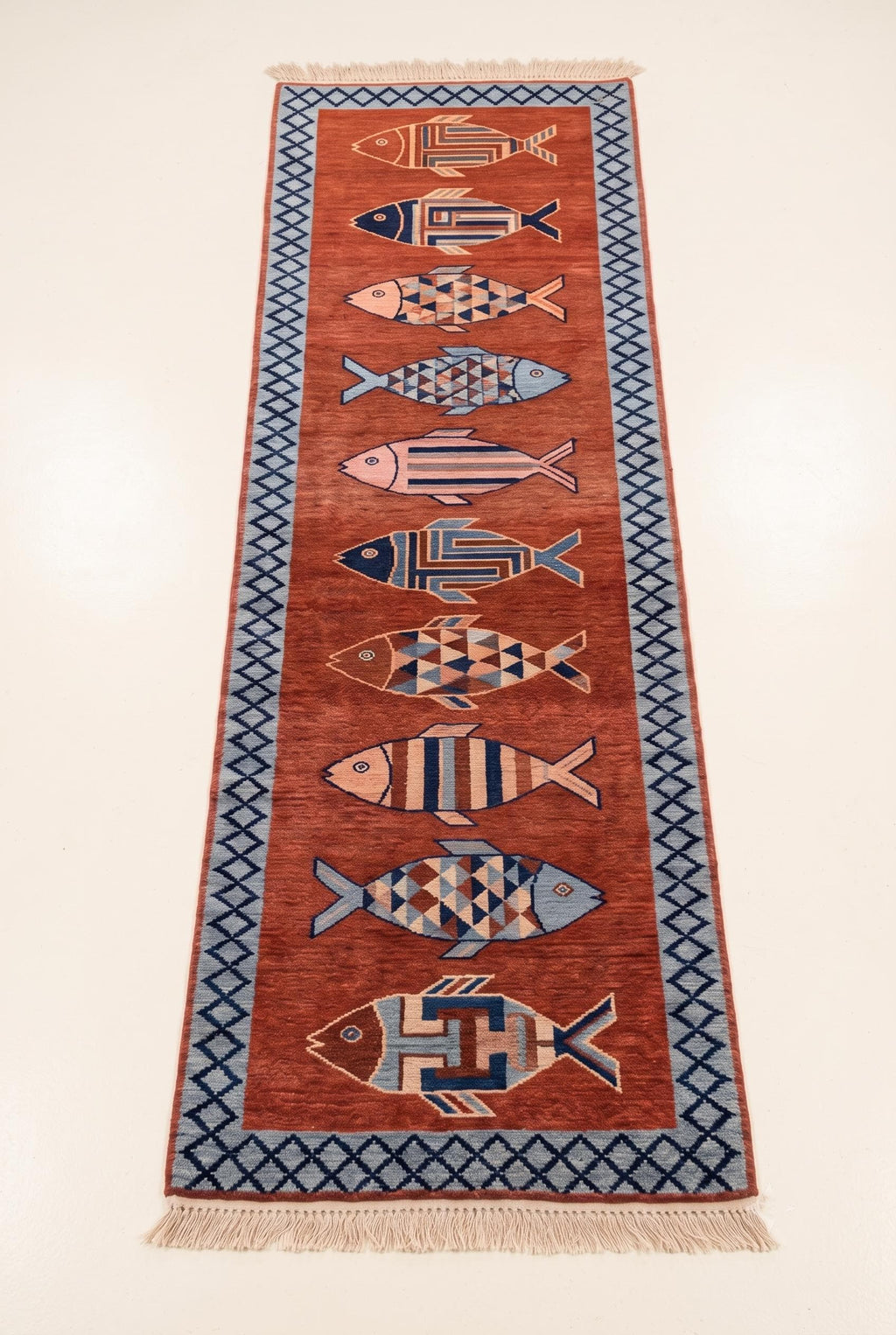 Hand Knotted Fish Runner Rug | Coastal | Wool | Hallway | 3x10 | Custom Size Available