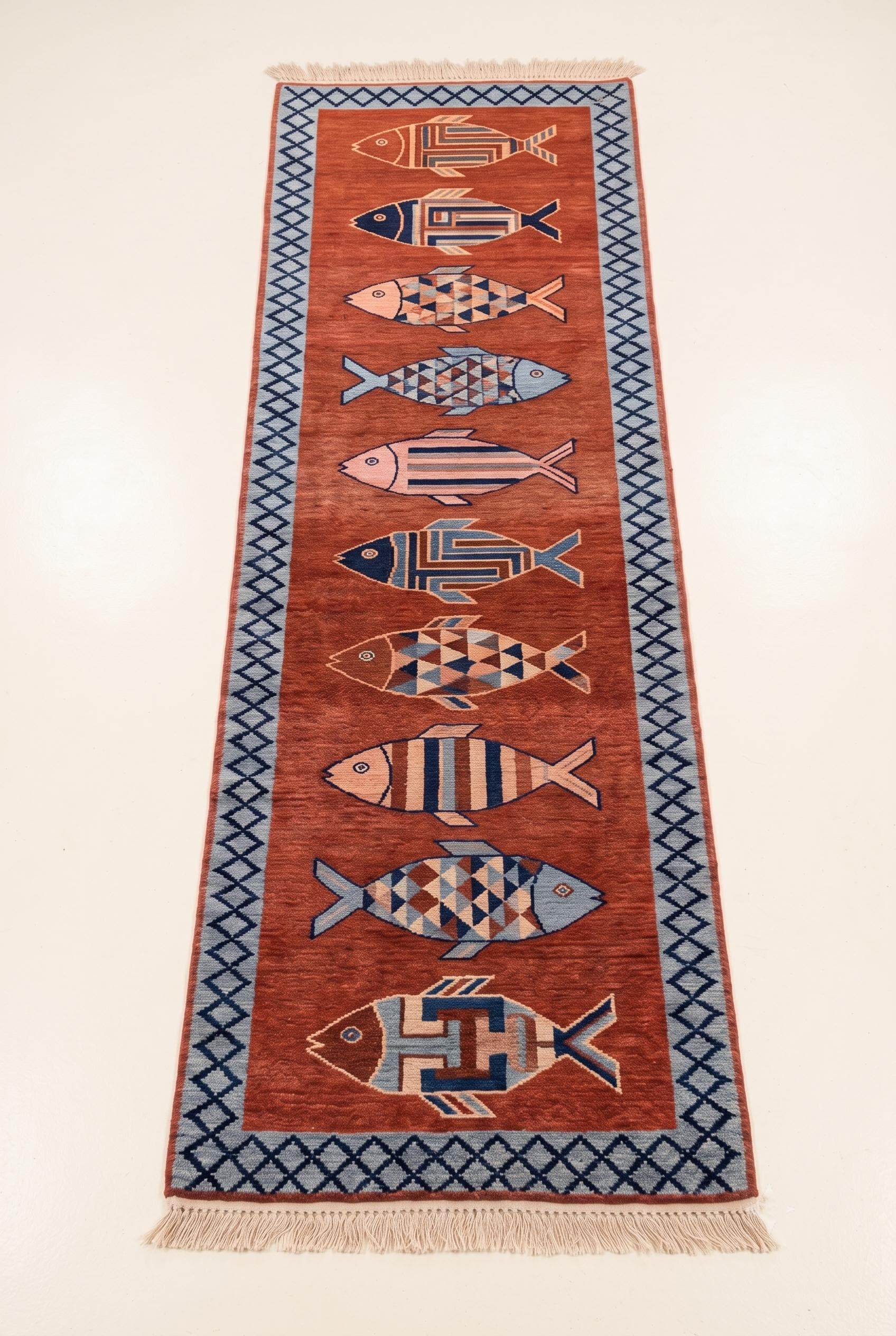 Hand Knotted Fish Runner Rug | Coastal | Wool | Hallway | 3x10 | Custom Size Available