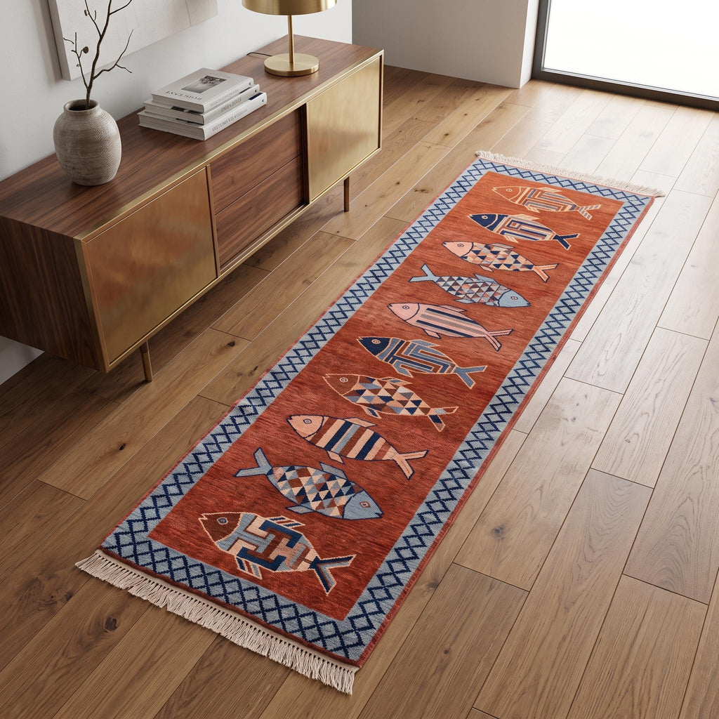 Hand Knotted Fish Runner Rug | Coastal | Wool | Hallway | 3x10 | Custom Size Available