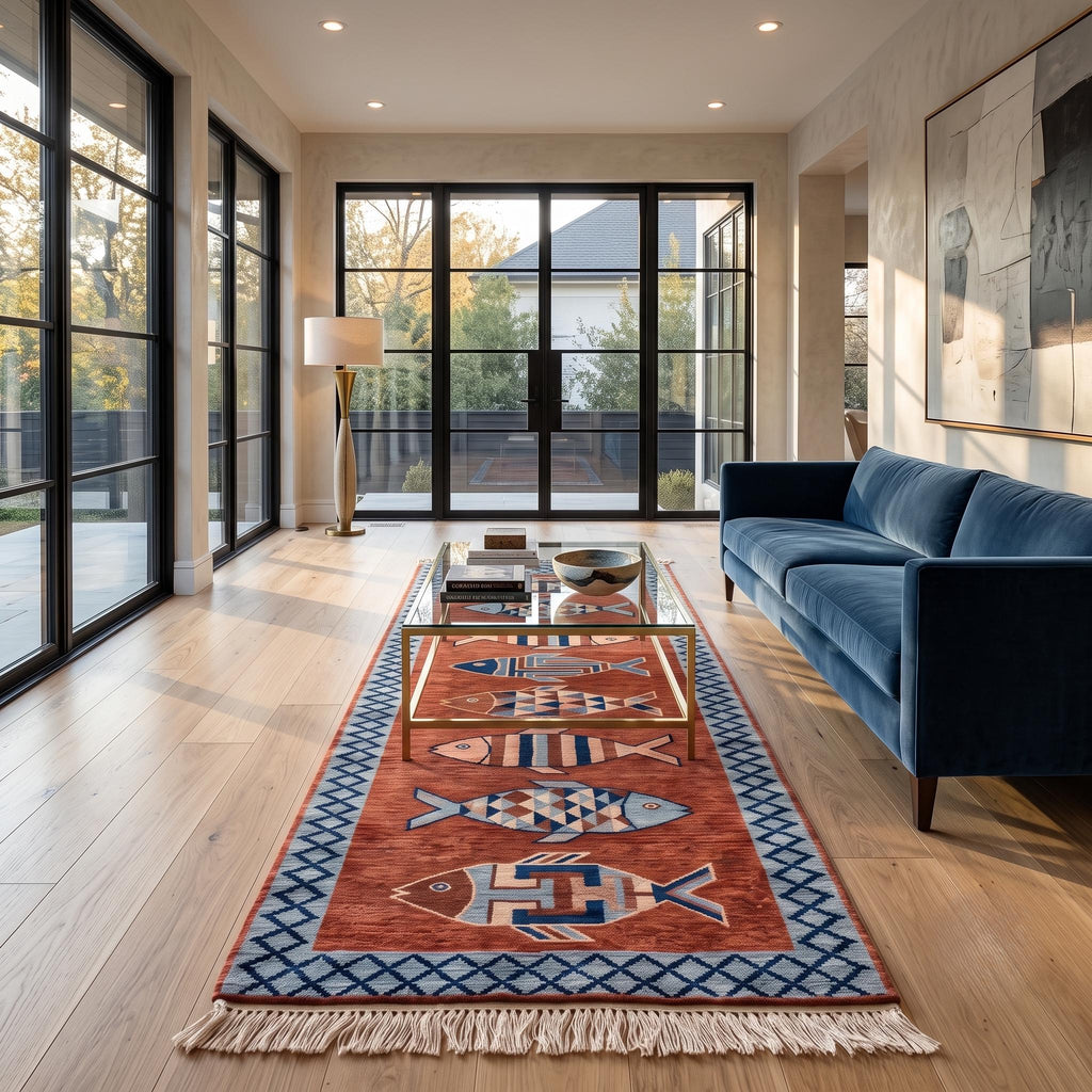 Hand Knotted Fish Runner Rug | Coastal | Wool | Hallway | 3x10 | Custom Size Available