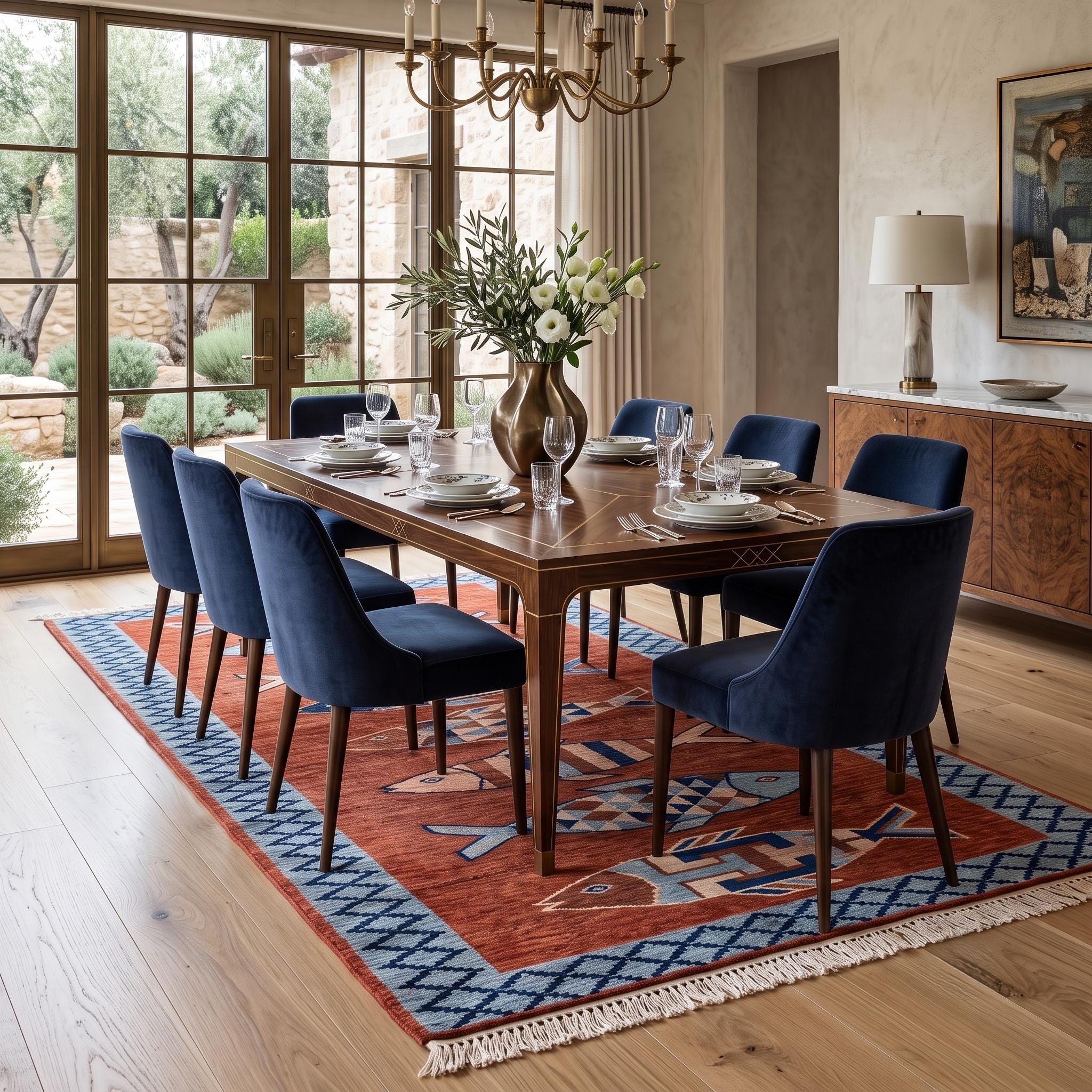 Hand Knotted Fish Runner Rug | Coastal | Wool | Hallway | 3x10 | Custom Size Available