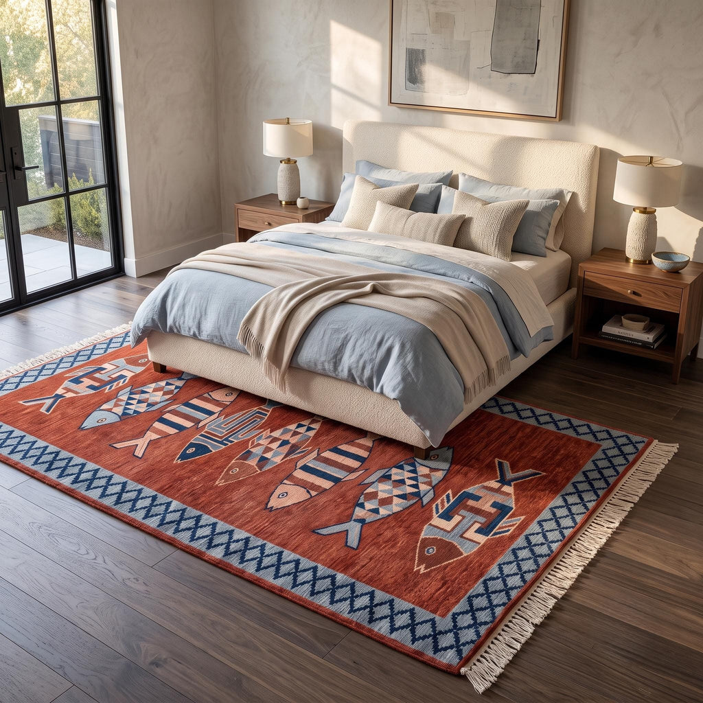 Hand Knotted Fish Runner Rug | Coastal | Wool | Hallway | 3x10 | Custom Size Available