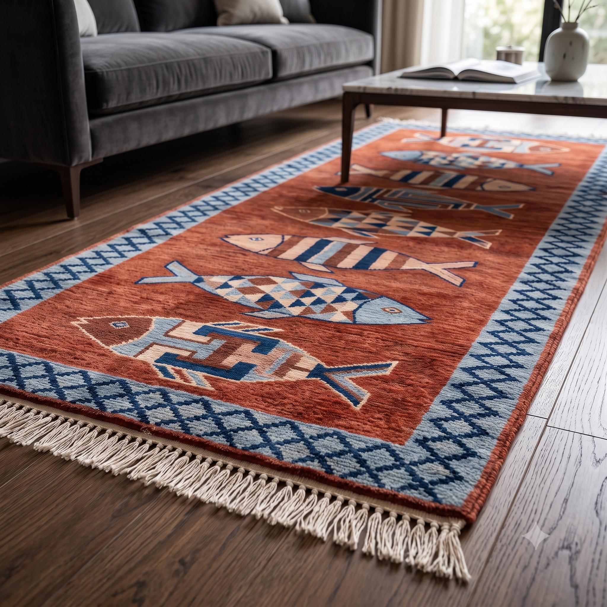 Hand Knotted Fish Runner Rug | Coastal | Wool | Hallway | 3x10 | Custom Size Available