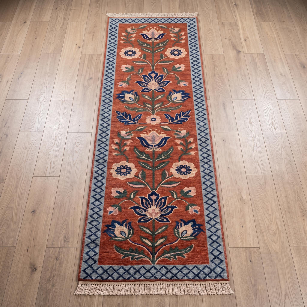 Floral Runner Rug | Traditional | Hand Knotted Wool | Hallway | Custom Size | Entryway Decor