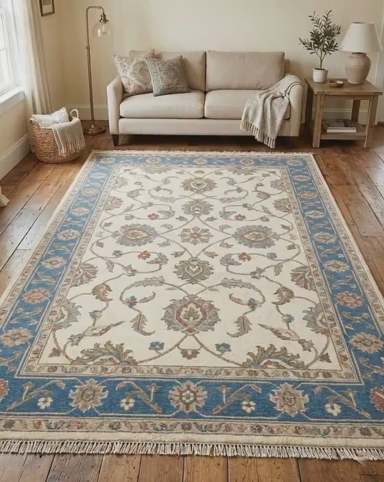 Hand Knotted Rug | Oushak Blue Border | Wool Area Rug | Living Room | 8x10 | Custom