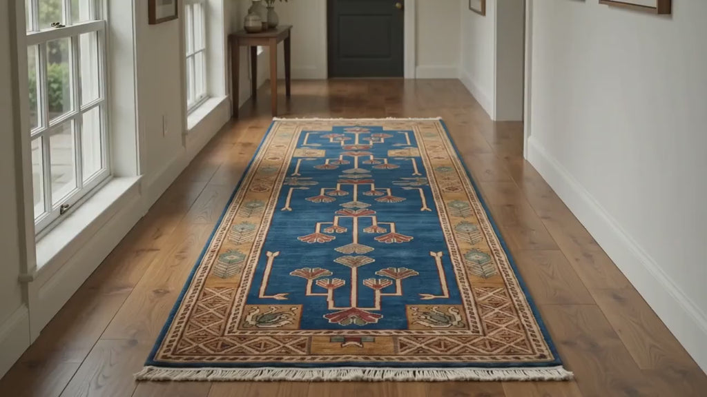 Hand-Knotted Wool Runner Rug, Arts and Crafts Mission Style Ginkgo Leaf Carpet