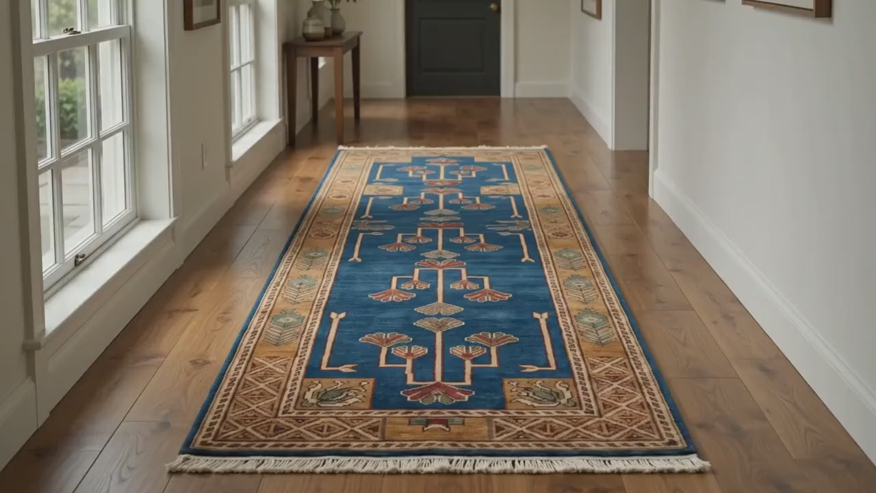 Hand-Knotted Wool Runner Rug, Arts and Crafts Mission Style Ginkgo Leaf Carpet