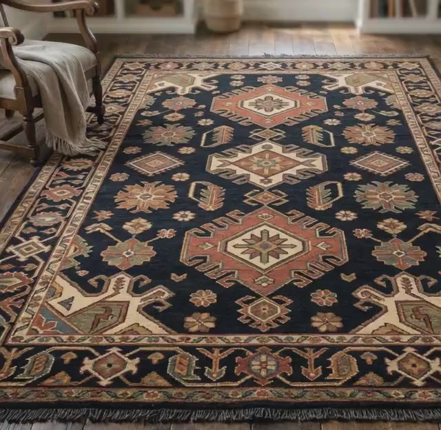 Hand Knotted Rug | Geometric Tribal Wool Navy Area Rug Living Room 8x10 Custom