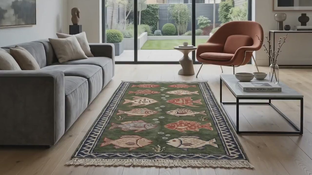 Hand Knotted Fish Rug | Coastal Wool Living Room Runner Custom Size Handmade Area Carpet Decor